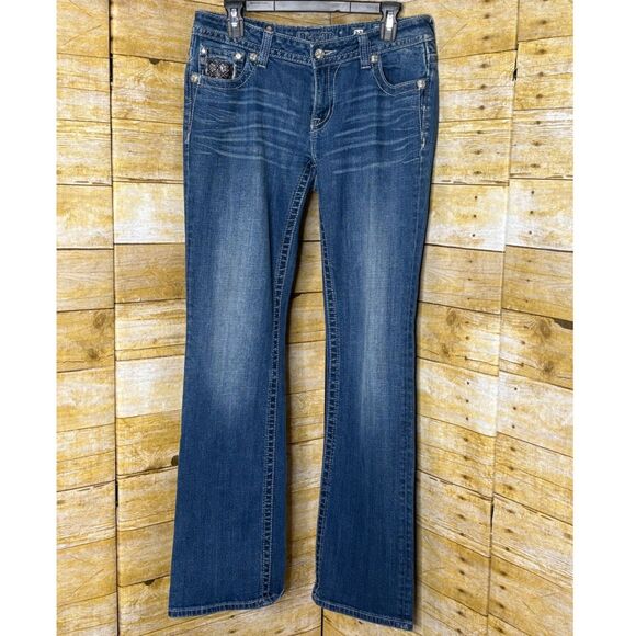 MISS ME CASUAL EVERYDAY JEWELED SADDLE STITCH WESTERN BIKER BOOTCUT JEANS SZ. 31 - Picture 1 of 4